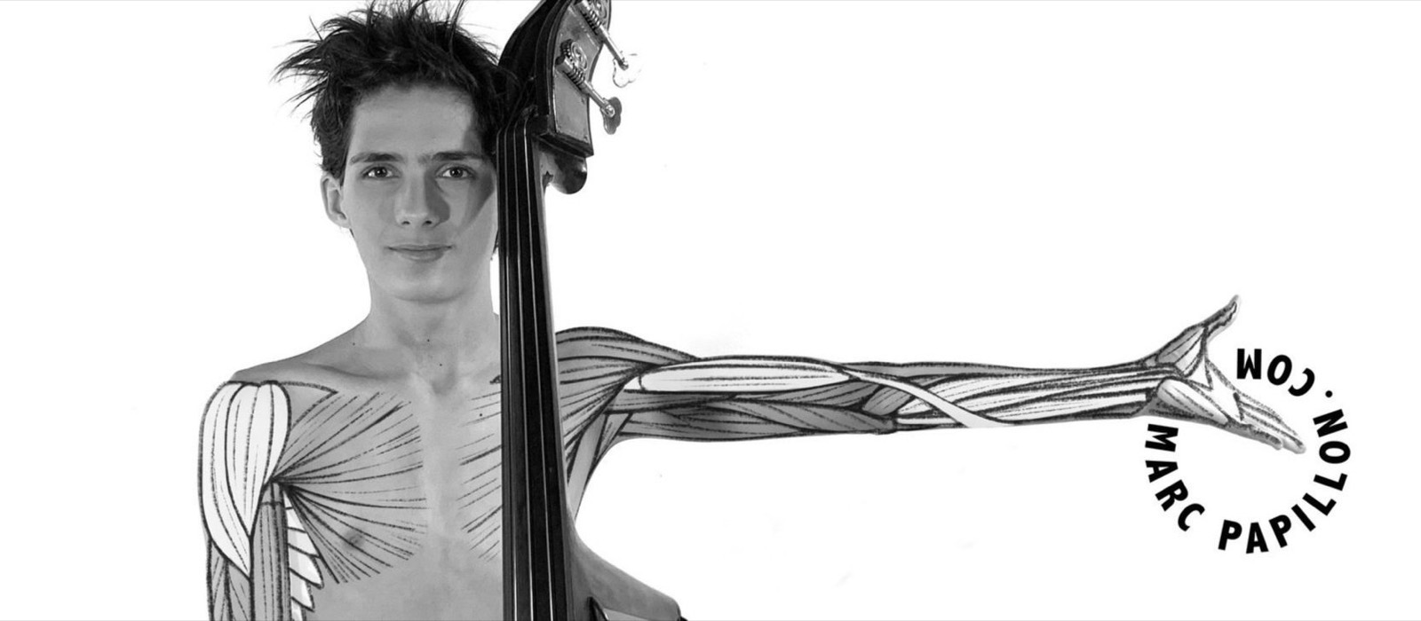 Un contrebassiste, le bras tendu, les muscles fléchisseurs dessinés.